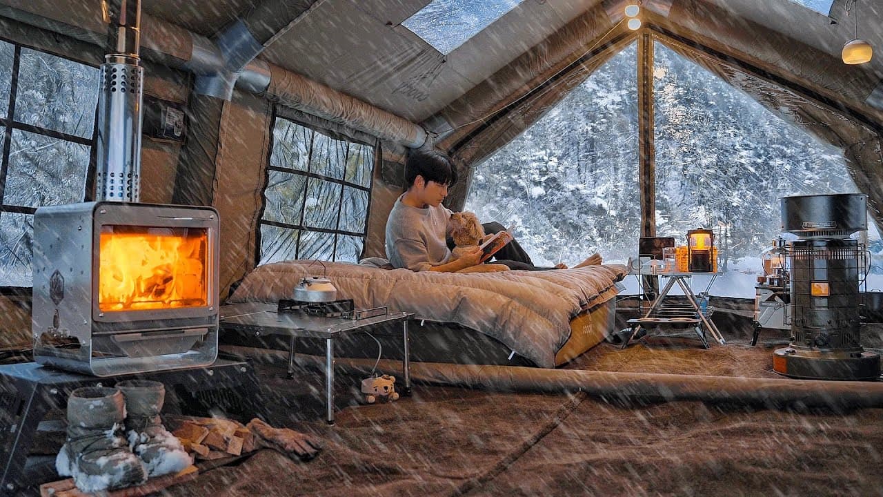 Camping in Heavy Snow with My Dog . 2-Room Inflatable Tent . Wood Stove ASMR